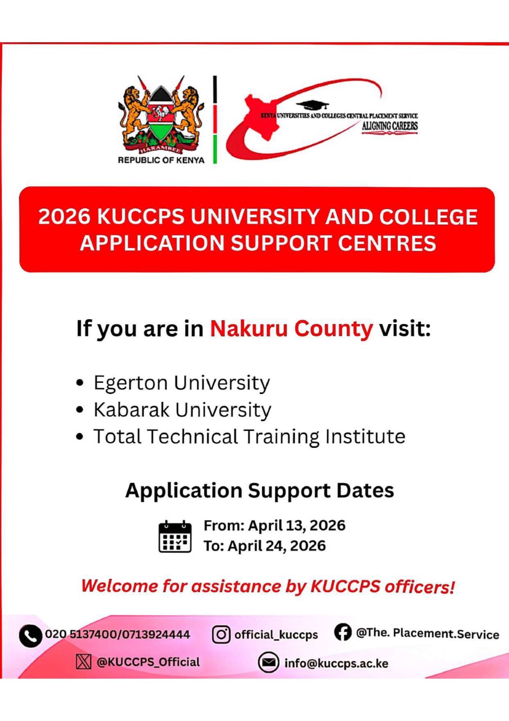 2026  KUCCPS UNIVERSITY AND COLLEGE APPLICATION SUPPORT CENTRES